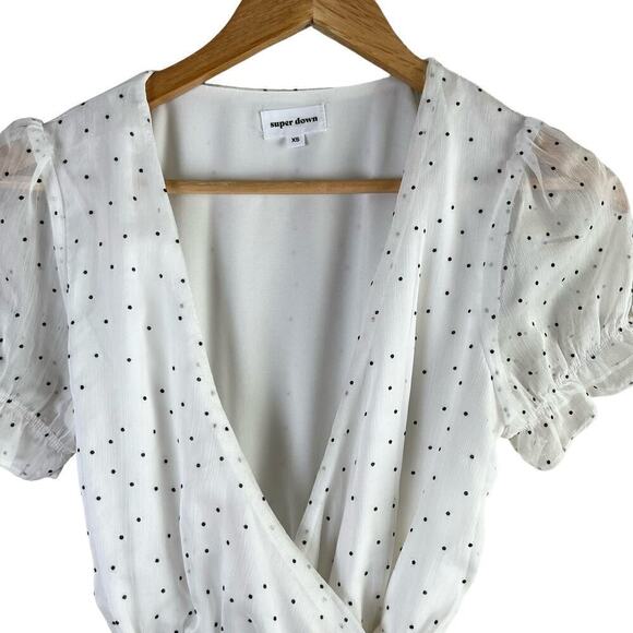 Superdown Jacelyn Wrap Mini Dress Ruffle Hem in White Black Polka Dots, Size XS - Picture 4 of 14